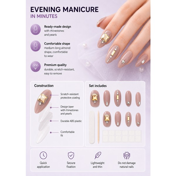 Grey‑Nude Medium‑Long Almond Press‑On Nails, Luxury Yellow Square Rhinestone Pearl Metal Decor Elegant False Nails